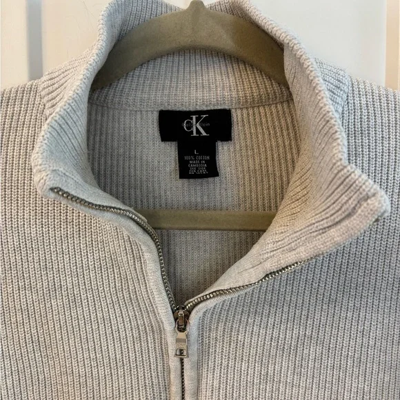 Light Grey Men’s 90s Quarter Zip Sweater 100% Cotton Sz Large, slim fit - Picture 3 of 8